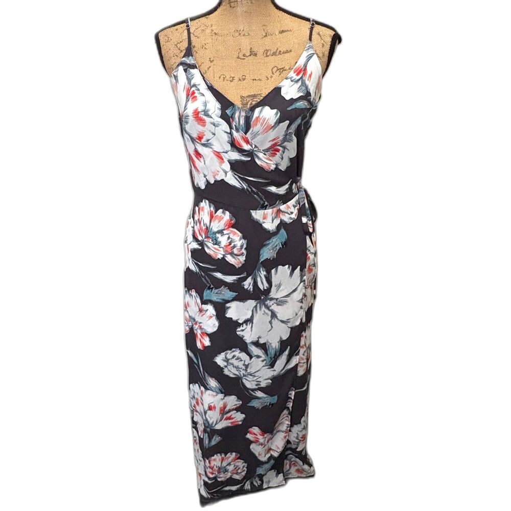 1.STATE Floral Faux Wrap Maxi Dress Gray White Coral Summer Resort Wear Size 6